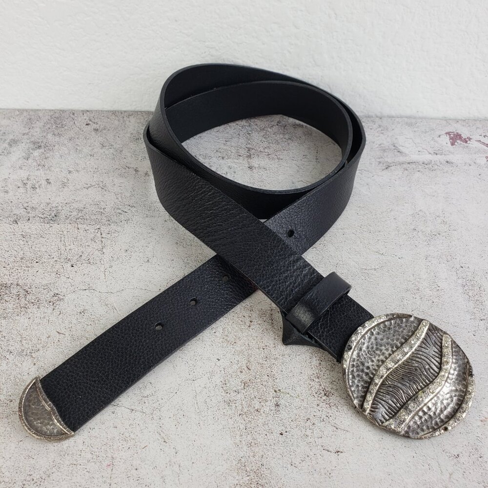 Vintage Chico's Genuine Leather Belt Engraved Buckle Rhinestones Black Boho L